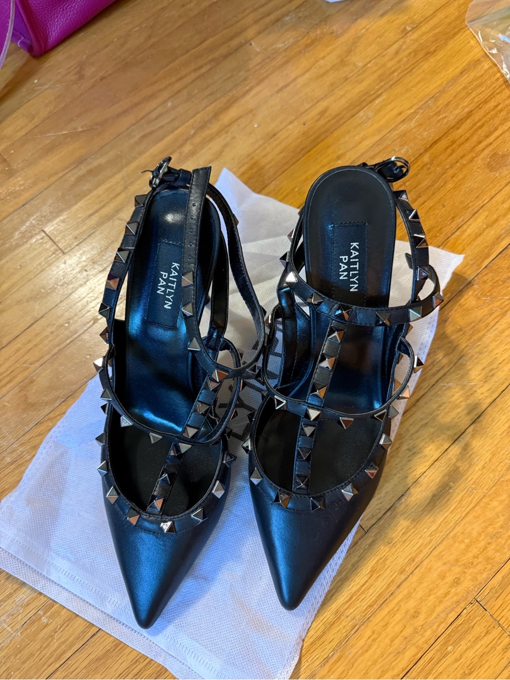 Kaitlyn Pan Black Pointed Stud-Trim Slingback Heels